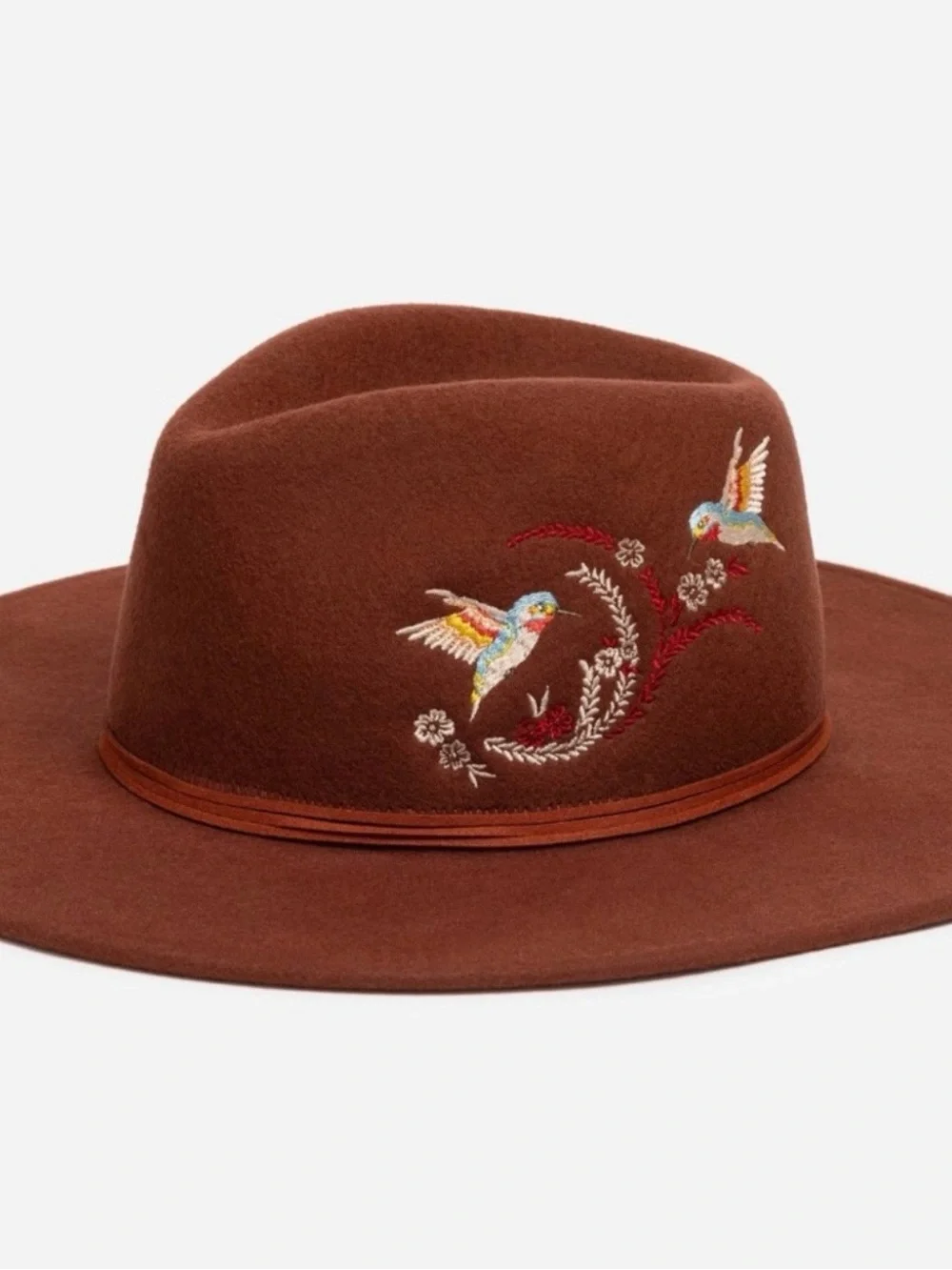 Johnny Was Fedora Hat Rust Color Embroidered Wool with Blue Hummingbird Feather